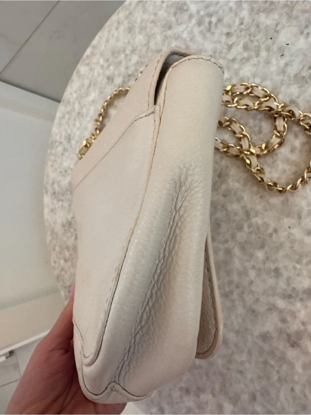 Tory Burch Light Cream Pebbled Leather Crossbody with Gold Logo Chain